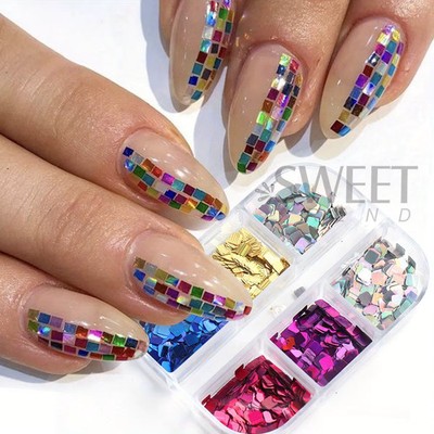 6 Gitter Laser Quadrat Nail Art Pailletten Mosaik Holografisch Einfach Glitzer Flocken  