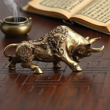 Brass Bull Figurine Mini Copper Animal Statue Desk Home Office Decor Ornament