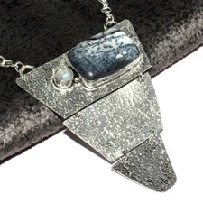 925 Silver Plated Pretty Dendritic Opal Rainbow Moonstone Necklace 15" GW