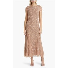 NWT PISARRO NIGHTS Beige Nude Beaded Mesh Midi Cocktail Dress Holiday Women's 4