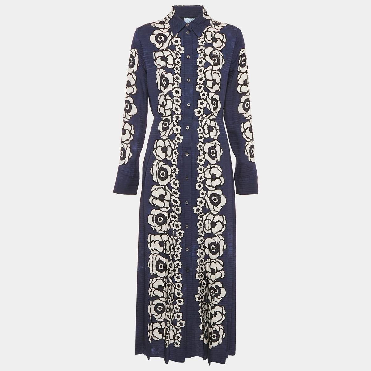 PRADA フラワープリント フレアワンピース ネイビー ミディ丈　エレガント Prada Navy Blue Floral Print Satin Silk Pleated Long Dress M | eBay