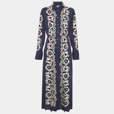Prada Navy Blue Floral Print Satin Silk Pleated Long Dress M