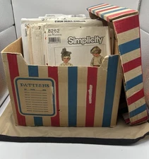 Vintage Sewing Pattern Storage Box - Red & Blue Stripes With Various Patterns 