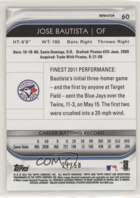 2012 Topps Finest Gold Refractor /50 Jose Bautista #60 - Image 2 of 2