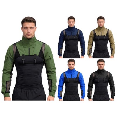 Männer Schulterpanzerung Sport T-Shirt Mit Taschen Crop-Top Langarm Fitness