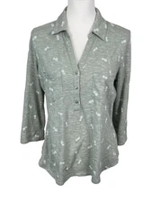 Coral Bay Knit Top Size M Green Pineapple Print Collared Henley Pocket 3/4 Slvs