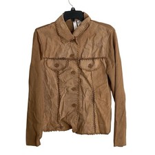 Vintage Med Suede Leather Sweater Jacket Crochet Trim Stitching Western Boho