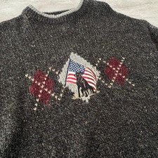 COTTON TRADERS Sweater Mens Med Knit Crewneck Black Lab American Flag USA Gray