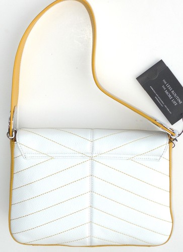 Bodhi M Leather Flap Hobo White Yellow Butterscotch Mustard Shoulder Chevron New - Picture 2 of 6