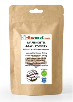 VITASCOUT Mariendistel 4-fach-Komplex - 250 Kapseln + Artischocke + Löwenzahn + Desmodium