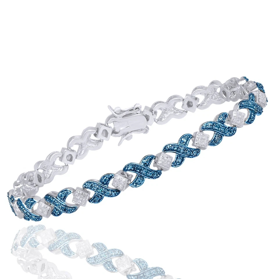 Brazalete Tenis Redondo Diamante Azul Natural Chapado en Oro Blanco 14K Plata Foto 3 de 3