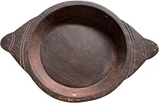 Folk Art Hand Carved Style Wooden Dish, Round w Elongated Ends Rustic Primitive