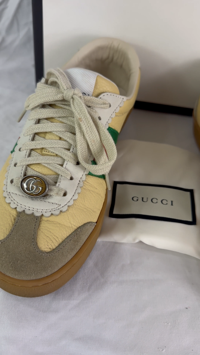 GUCCI G74 Yellow Leather Web Low Oatmeal Women's Sneakers 35 - 5US