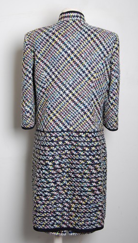 Oscar de la Renta Women Blue White Dress Suit Cotton Blend Lined Cardigan Sz M/L - Picture 4 of 12