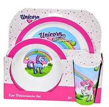 Unicorn Rainbow Dinner Set Plate, Cup  Bowl in Open Box, Pink  3 Piece Set