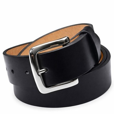 Men's Plain Black Genuine Leather Casual Dress Black Belt with Silver Buckle