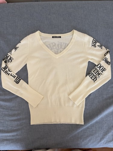 Ghost of Harlem Ivory/Black V-Neck Skull Graphic Knit Pullover Sweater M 484707