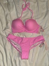 Victoria's Secret Pink Bikini Scalloped Top 32C Small Ruched Bottom 2pc Set