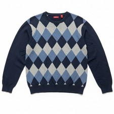 IZOD Mens Sweater Size L Navy Blue Gray Argyle Pullover Classic Preppy Crewneck