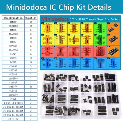 IC Chips kit 173 pcs 20 Values Chip Assortment Set+12 pcs Sockets