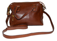 Vintage Fossil Brown Leather Key Charm Top Handle Adjustable Strap Crossbody Bag