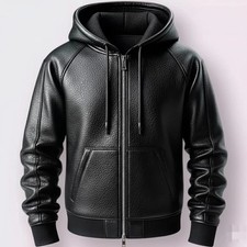 Men's Black Premium Leather Hoodie Handmade Genuine Lambskin Leather Hoodie