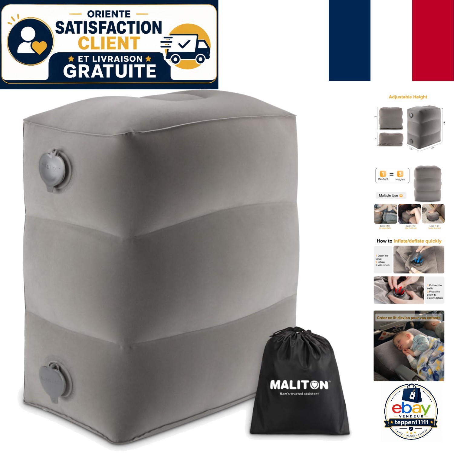 Repose-pieds gonflable enfant pour des siestes paisibles en avion durant vos vols long-courriers