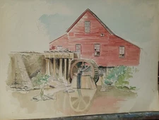 Old Water Mill Oil Painting Cardboard Unsigned Unframed Vintage