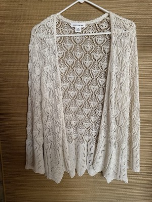 Skye's the Limit Cream-Color Crochet Lace Long Cardigan Open Front Size M