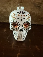 Christopher Radko Shiny Brite Day Of The Dead White Skull Halloween Ornament