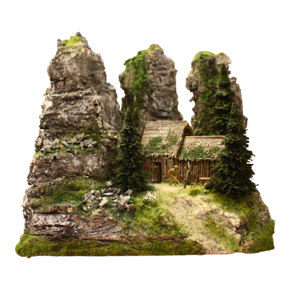 Diorama H0/1:87 Forstarbeit im Gebirge Berg Granit Felsen Landschaft patiniert