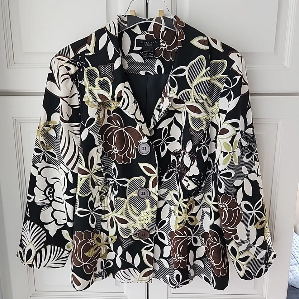 Chaqueta Topper Silkland Mujer 100% Seda Talla Grande 1X Marrón Verde Floral Manga 3/4 Foto 2 de 4