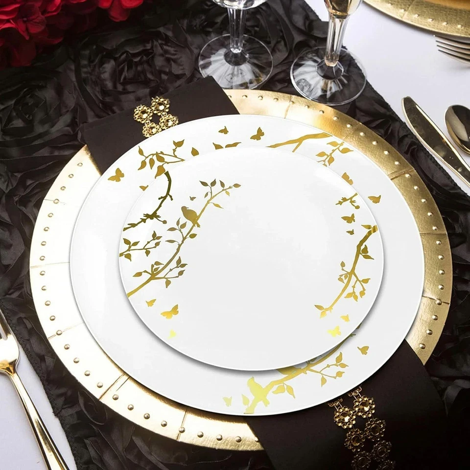 Platos de cena de plástico blanco y dorado Spring Collection de 10" para cenas Foto 3 de 3