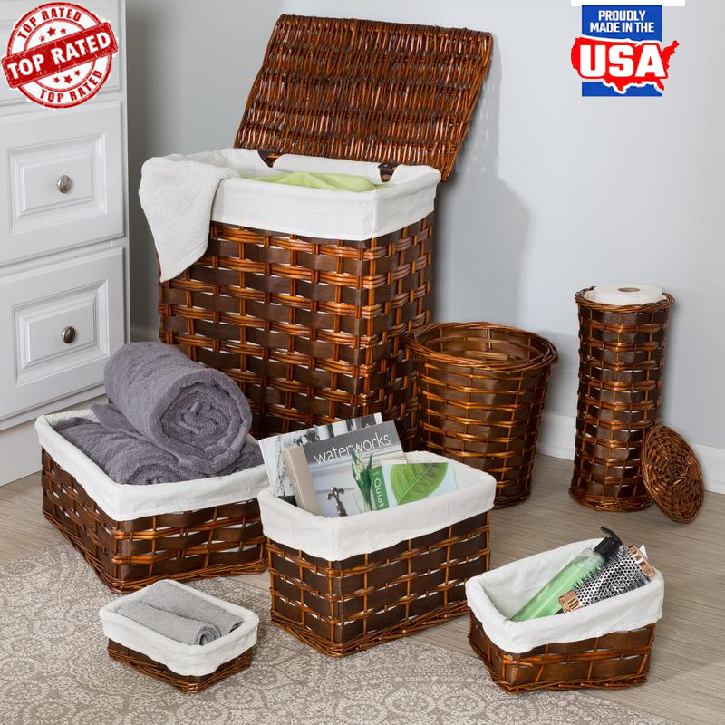 Wicker Laundry Hamper & Bath Storage Basket Organizer Set, 7-Piece, Brown & Natural, Perfect for Home Organization-image