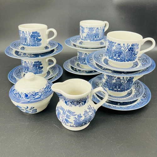 Churchill Blue Willow England 21pcs 6x Cups Saucers Dessert Plates Sugar Bowl Cr