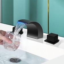 LED Black 8 Inch Centerset Waterfall Bathroom Basin Sink Faucet Vanity Mixer Tap