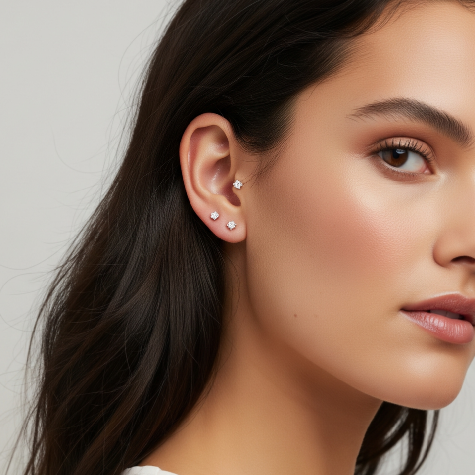 14K Solid Gold Solitaire CZ Stud Earrings – Round Brilliant Cut With Silicone Push-Back, Handmade