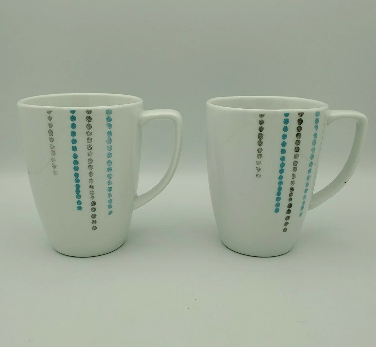 Corelle Vitrelle Raindrops Set of 2 Cups Mugs White Teal Gray Dots 12 Oz