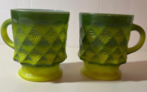 2 Vintage Anchor Hocking Fire King Kimberley Green Yellow Coffee Tea Mugs Cups
