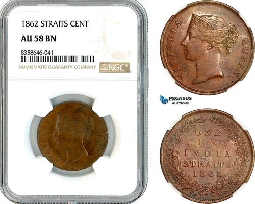 AK543, Straits Settlements, Victoria, 1 Cent 1862, Calcutta Mint, NGC AU58BN