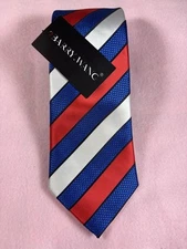 Barry Wang 100% Silk men's necktie Red White Blue Stripe 60 in long 3.25 in wide