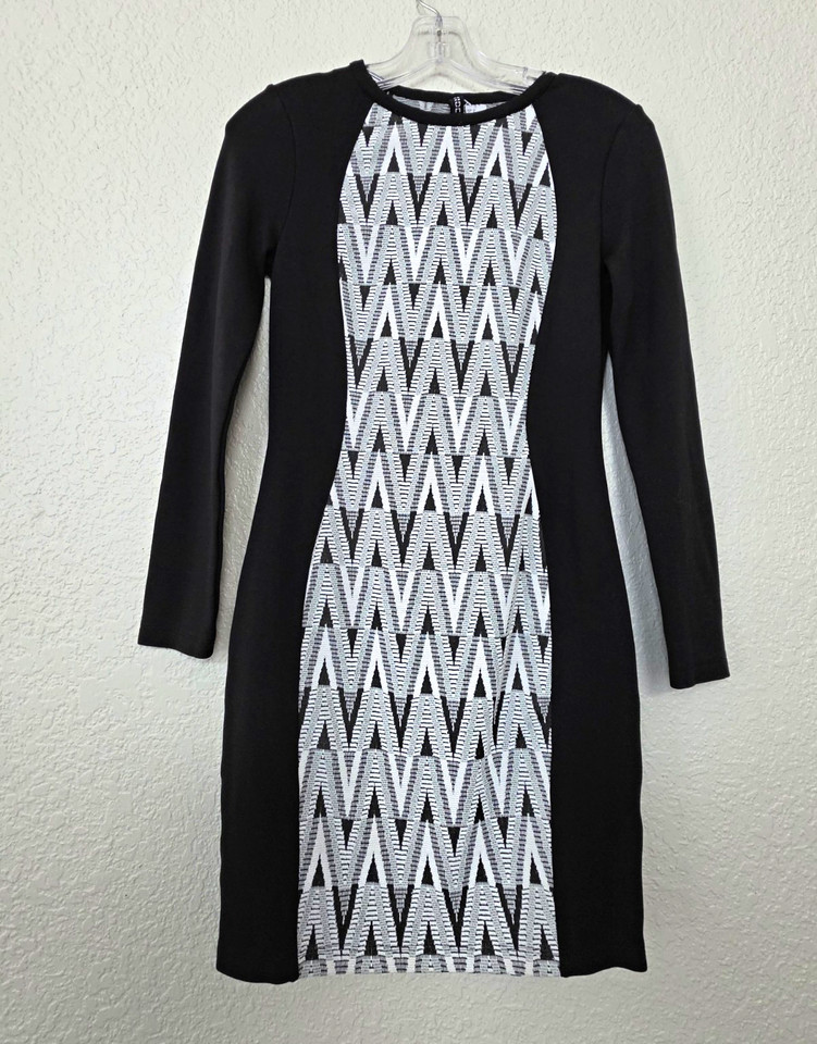 Divided by H&M Black/White Geometric Bodycon Dress Round Neck Long Sleeve 6