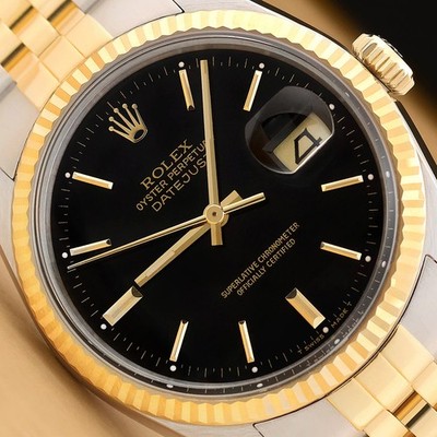 ROLEX MENS DATEJUST 16013 BLACK DIAL 18K YELLOW GOLD STAINLESS STEEL WATCH