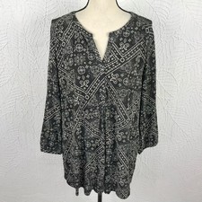 Lucky Brand Womens Tunic Top Shirt Size 1X Knit 3/4 Sleeve Black Print