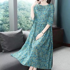 Ladies Mid Length Floral Dress Plus Size Printed Polyester for Spring to Winter