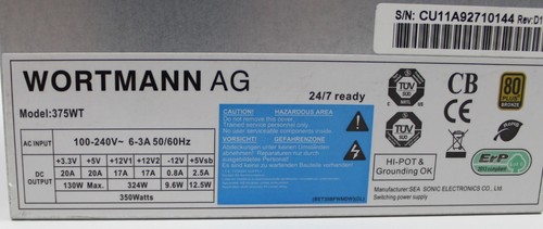 Wortmann AG / Terra 375WT ATX Netzteil 350 Watt 80+    #302416