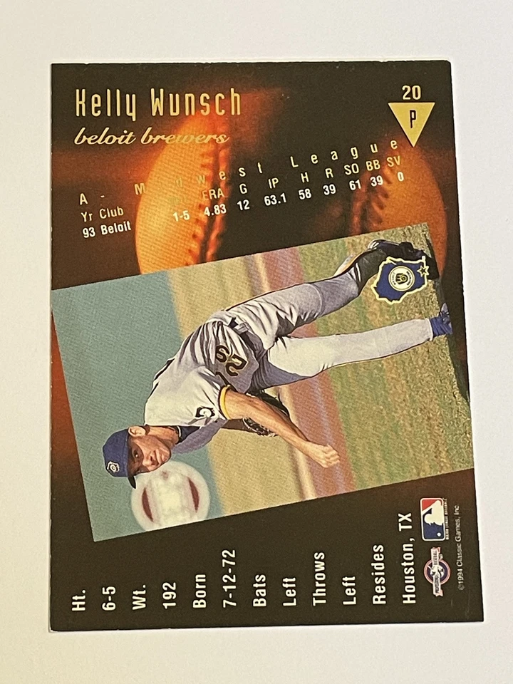1994 Classic Best Gold Baseball Autograph - Kelly Wunsch - Beloit Brewers - Image 2 of 2
