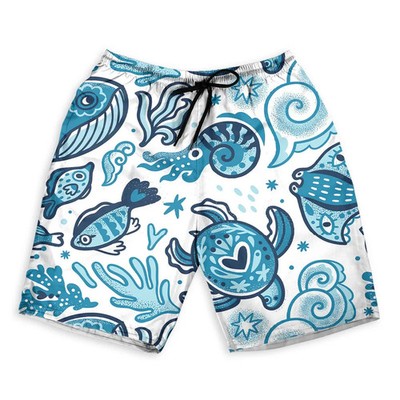 Mens Hand Drawn Ocean Life Blue Hawaiian Shorts Beach
