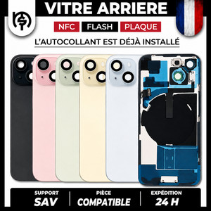 VITRE ARRIERE COMPLET POUR IPHONE 14 15 16 17 PRO MAX + LOGO FLASH NFC PLAQUE