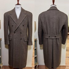 Men Overcoat with Belt Double Breasted Outdoor Wool Tweed Herringbone Long Coat